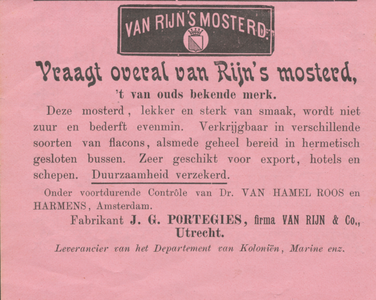 716030 Advertentie voor Van Rijn's Mosterd, geproduceerd bij de firma Van Rijn & Co., fabrikant J.G. Portegies, [Nieuwe ...